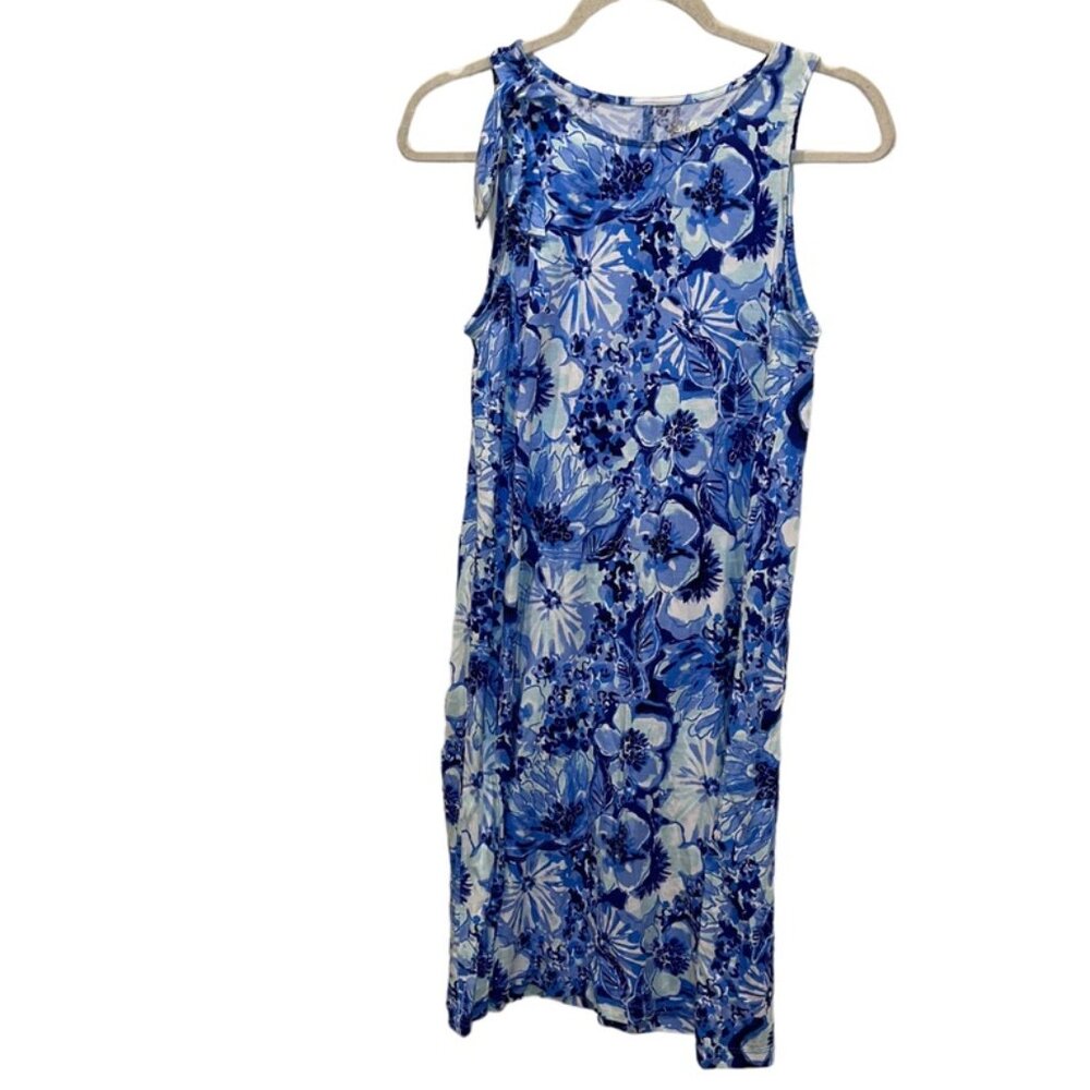 Lilly Pulitzer blue white tropical flower pima cotton shift sun dress S